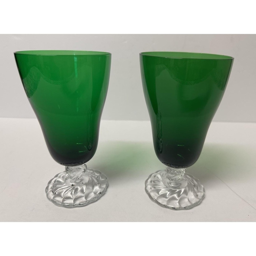 Anchor Hocking Green Glasses Burple Water Goblets Clear Swirl Stem 5 7/8" Set 2